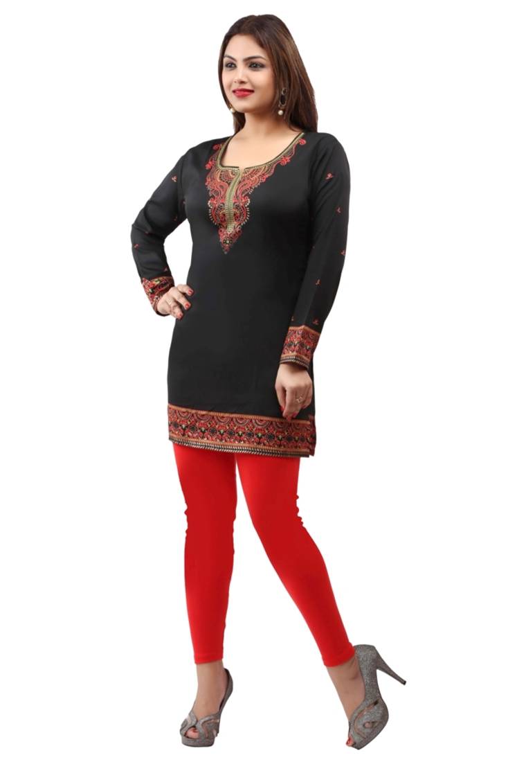 Black  printed american crepe short kurtis with full sleeves