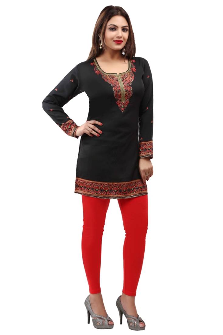 Black  printed american crepe short kurtis with full sleeves