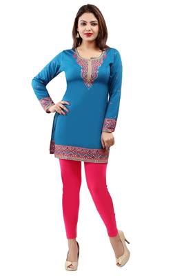 Dark aqua blue  printed american crepe short kurtis with full sleeves 1