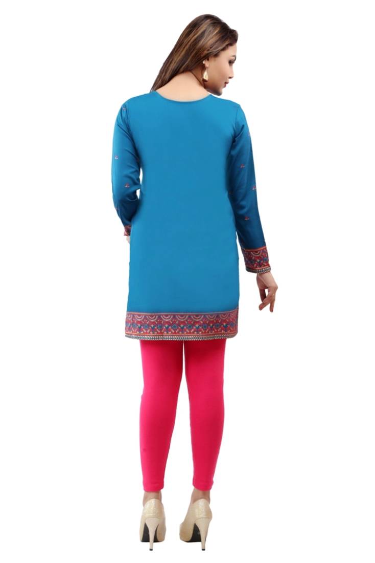 Dark aqua blue  printed american crepe short kurtis with full sleeves