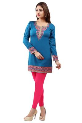 Dark aqua blue  printed american crepe short kurtis with full sleeves 3