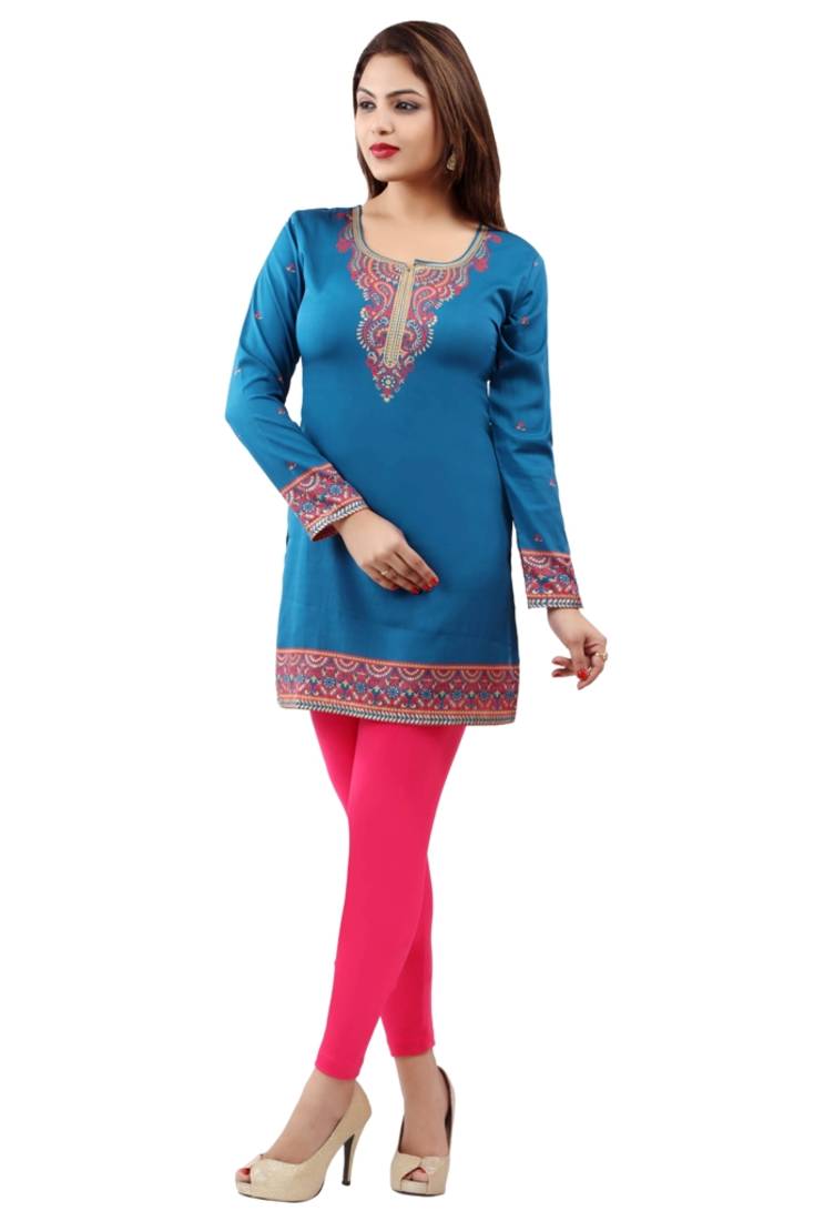 Dark aqua blue  printed american crepe short kurtis with full sleeves