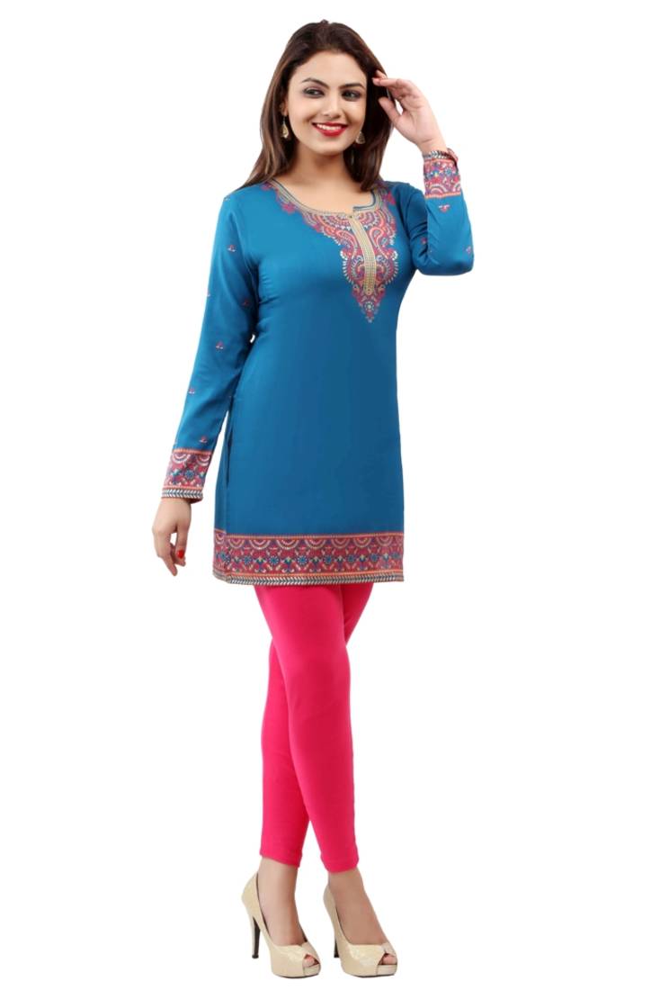 Dark aqua blue  printed american crepe short kurtis with full sleeves