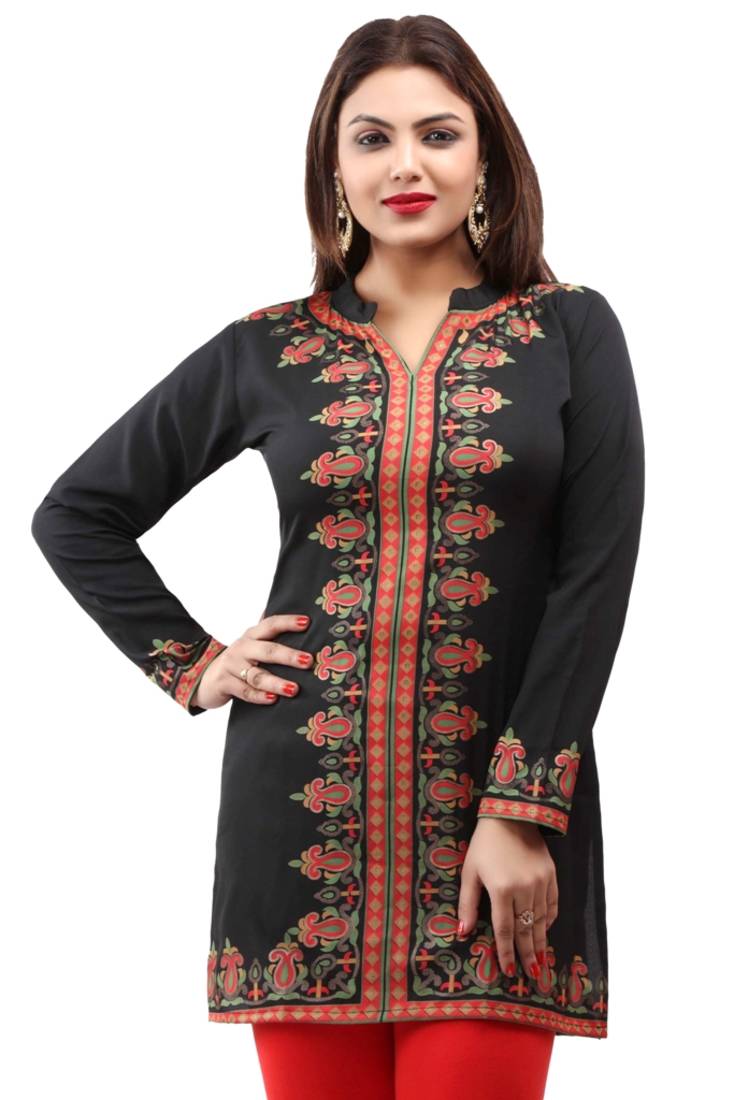 Black  printed american crepe short kurtis with full sleeves