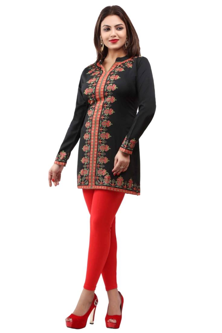 Black  printed american crepe short kurtis with full sleeves