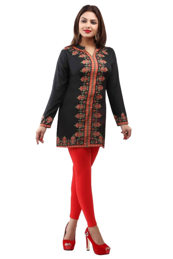 Black  printed american crepe short kurtis with full sleeves