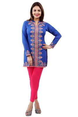Dark blue  printed american crepe short kurtis with full sleeves 1