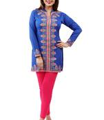Dark blue  printed american crepe short kurtis with full sleeves