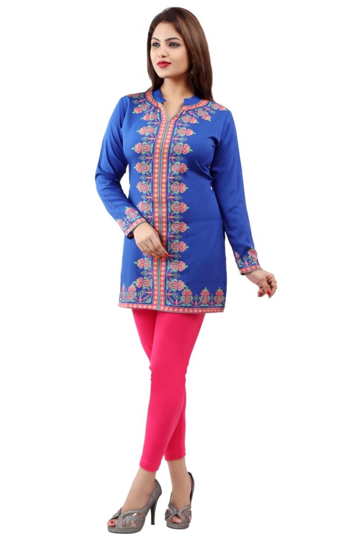 Dark blue  printed american crepe short kurtis with full sleeves