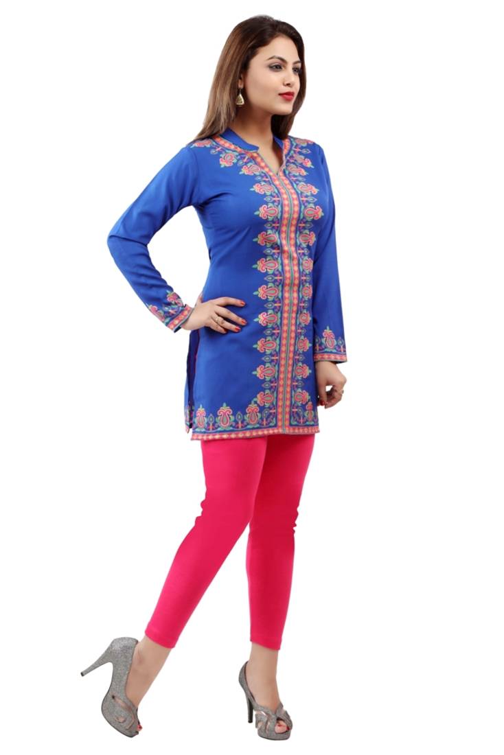 Dark blue  printed american crepe short kurtis with full sleeves