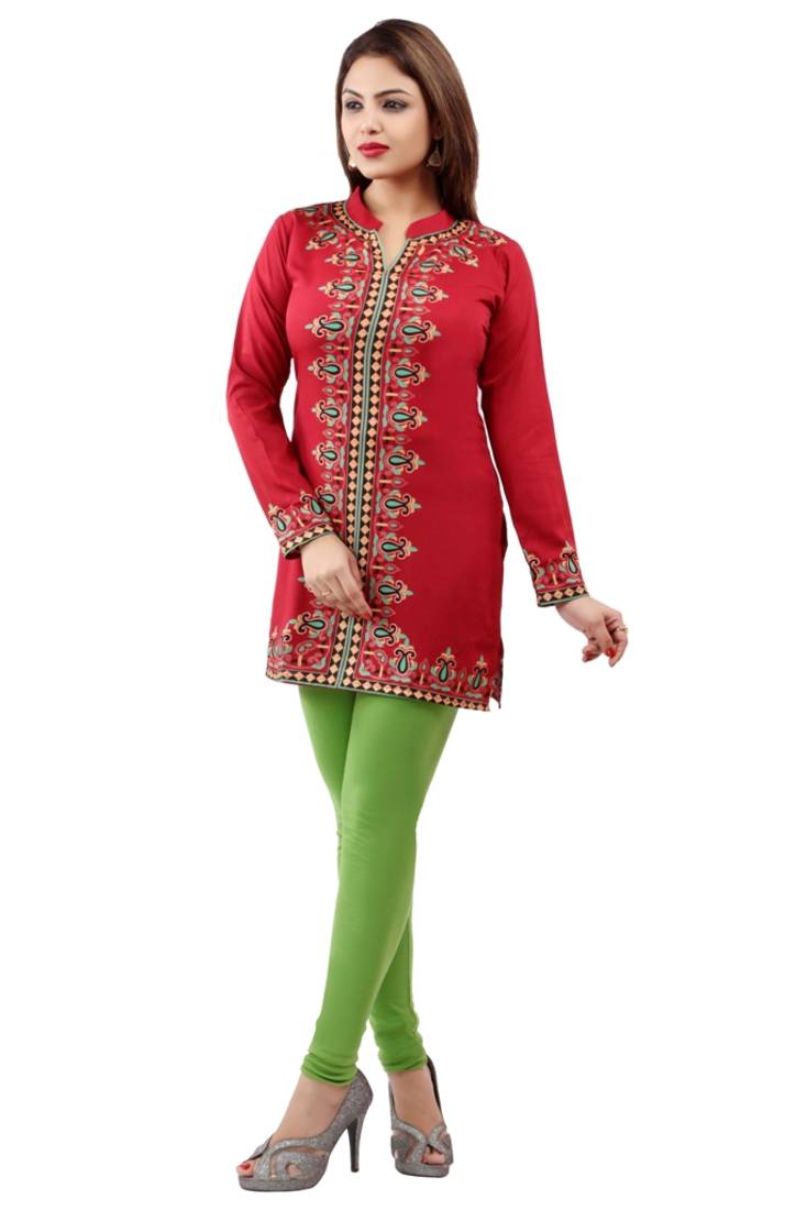 Maroon  printed american crepe short kurtis with full sleeves
