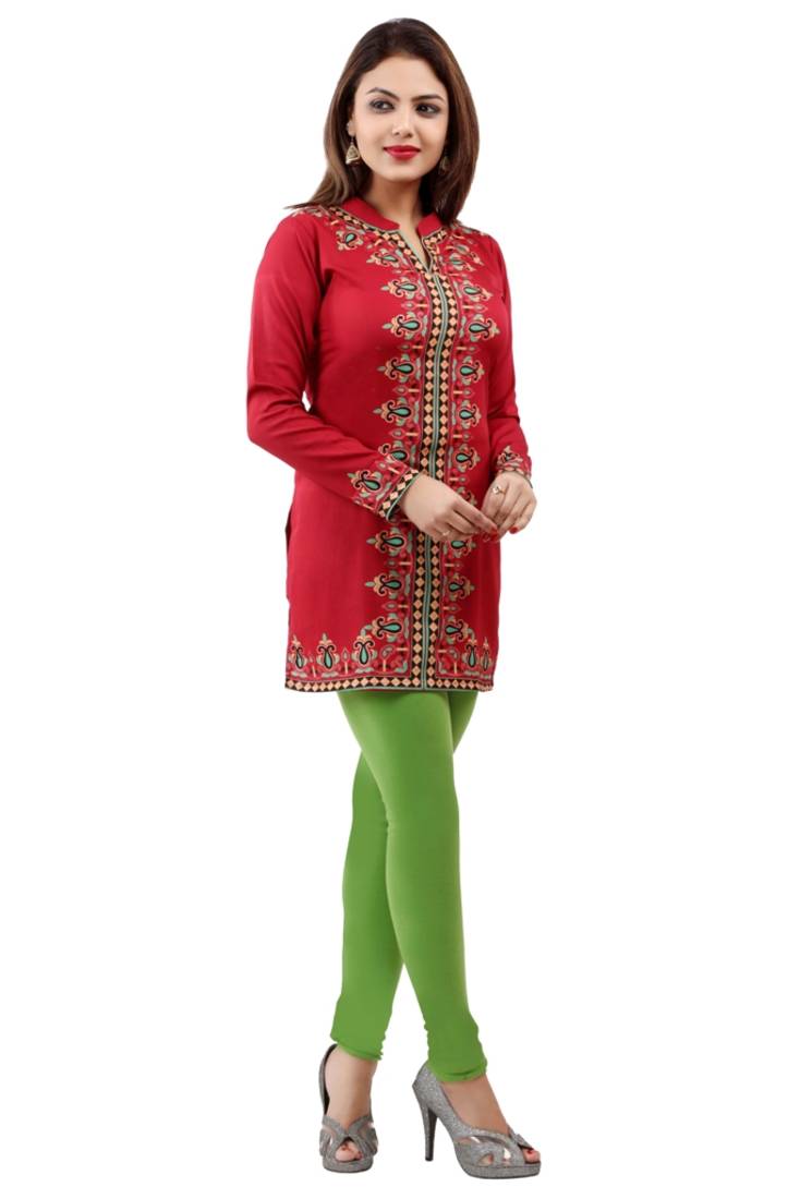 Maroon  printed american crepe short kurtis with full sleeves