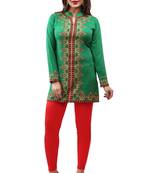 Cyan green  printed american crepe short kurtis with full sleeves