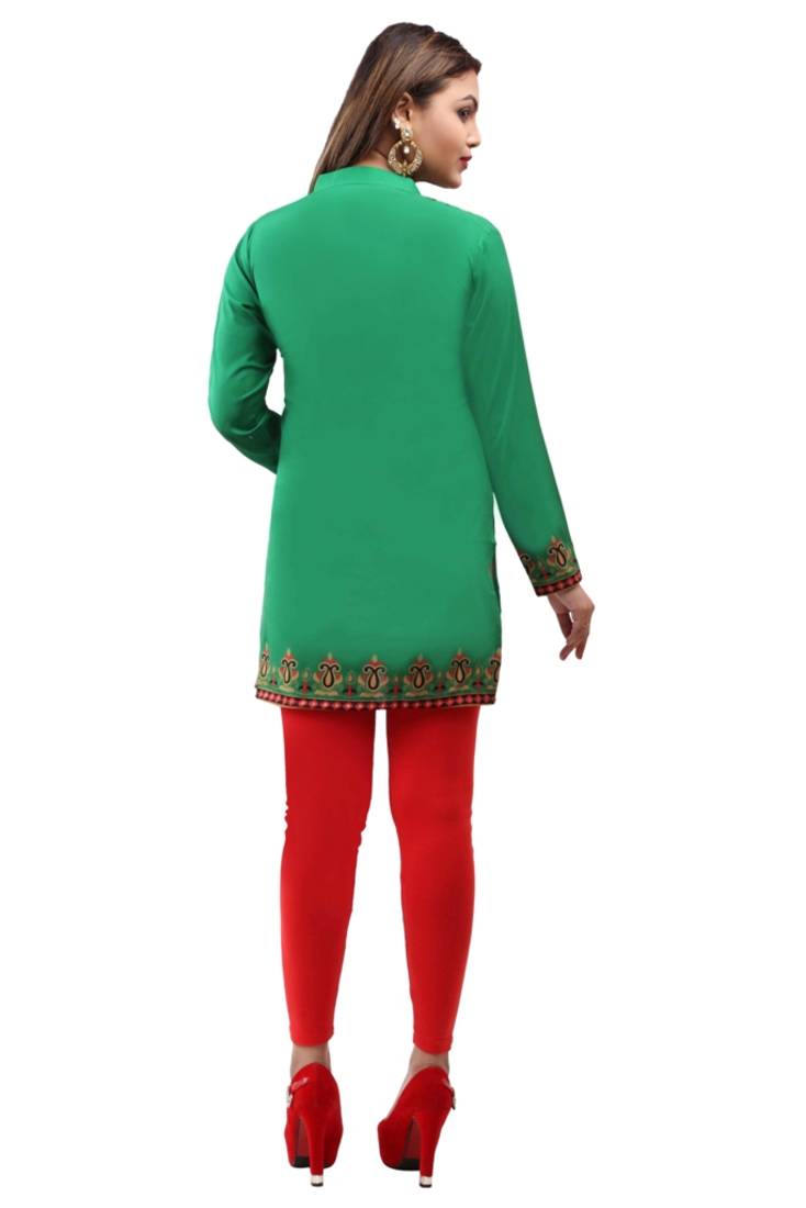 Cyan green  printed american crepe short kurtis with full sleeves