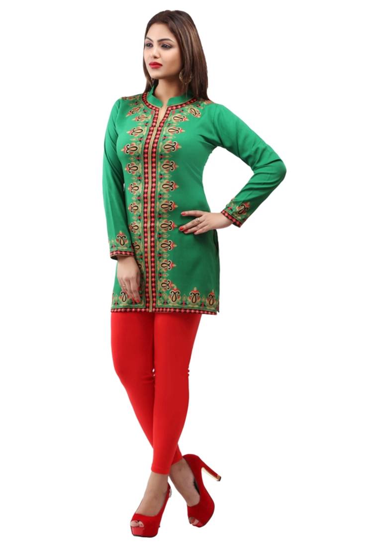 Cyan green  printed american crepe short kurtis with full sleeves