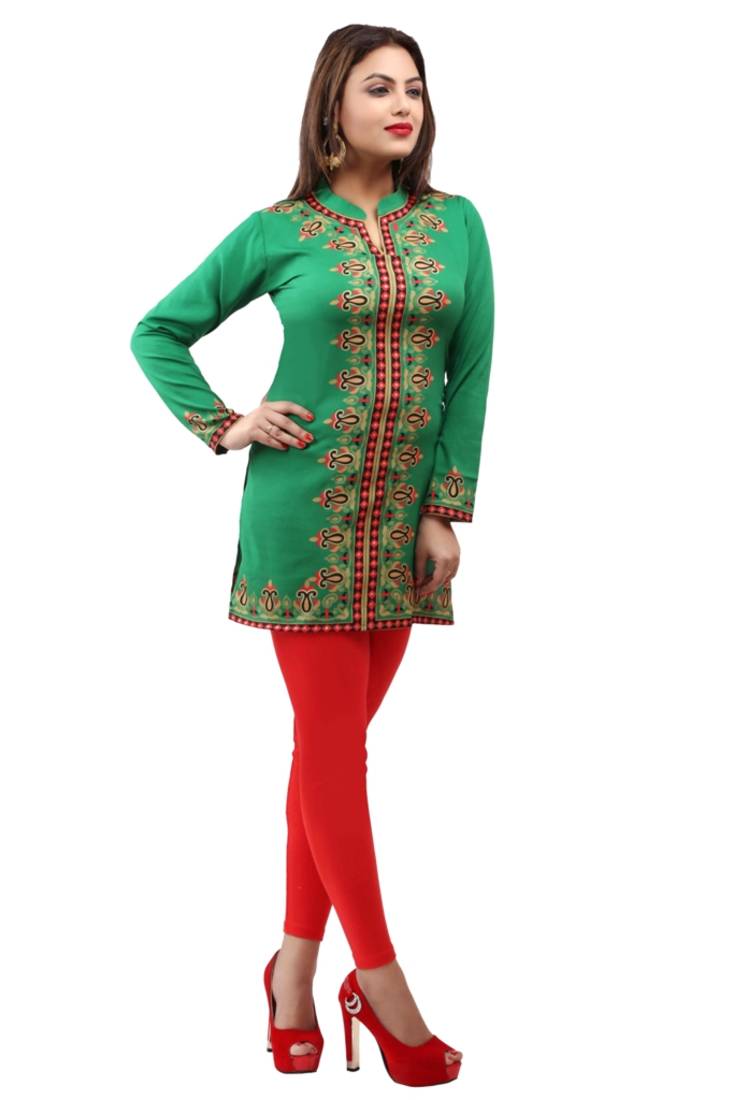 Cyan green  printed american crepe short kurtis with full sleeves