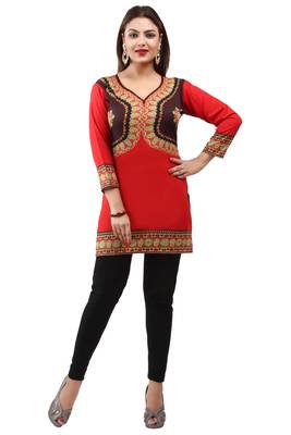 Red  printed american crepe short kurtis with full sleeves 1