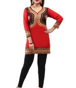 Red  printed american crepe short kurtis with full sleeves