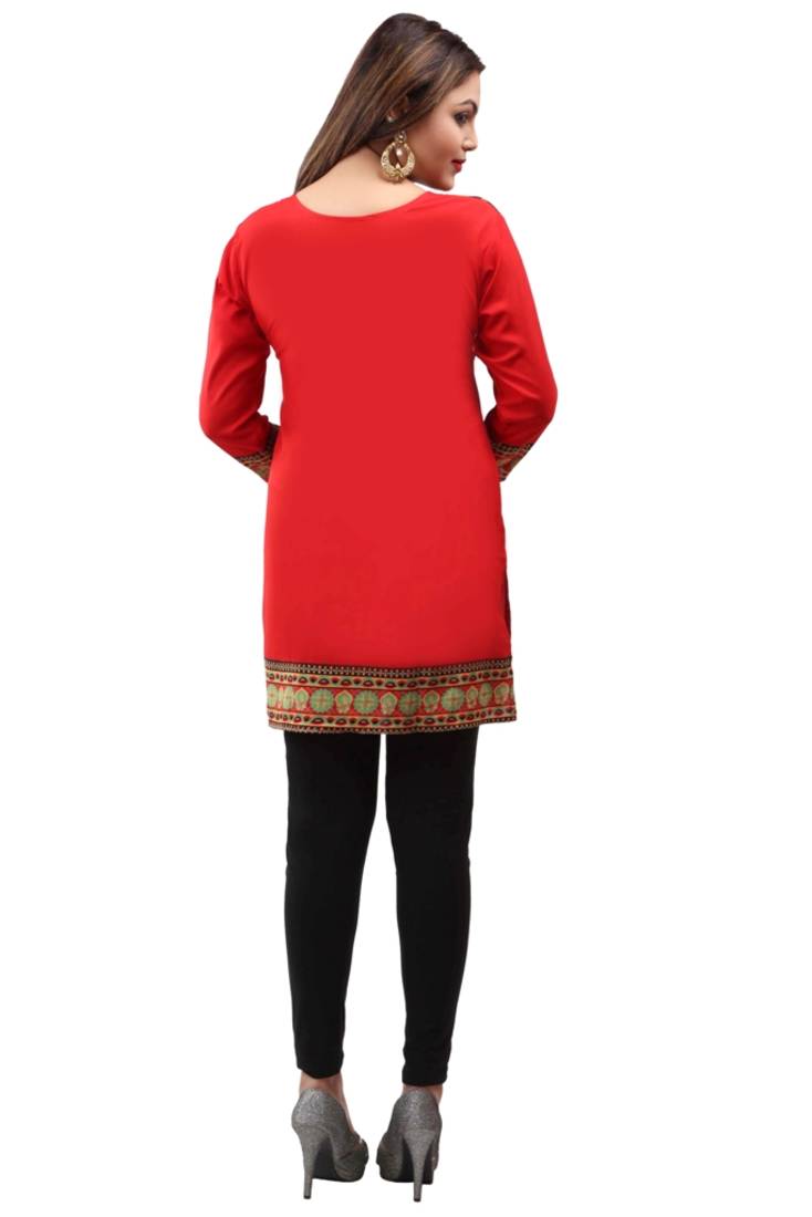 Red  printed american crepe short kurtis with full sleeves