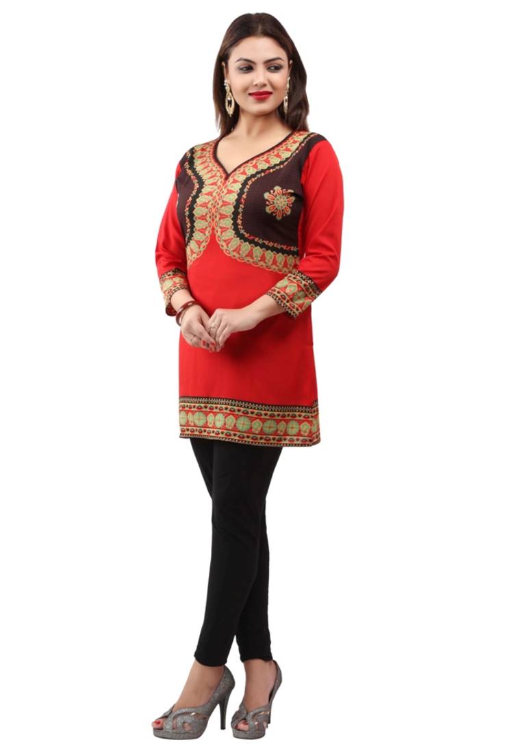 Red  printed american crepe short kurtis with full sleeves