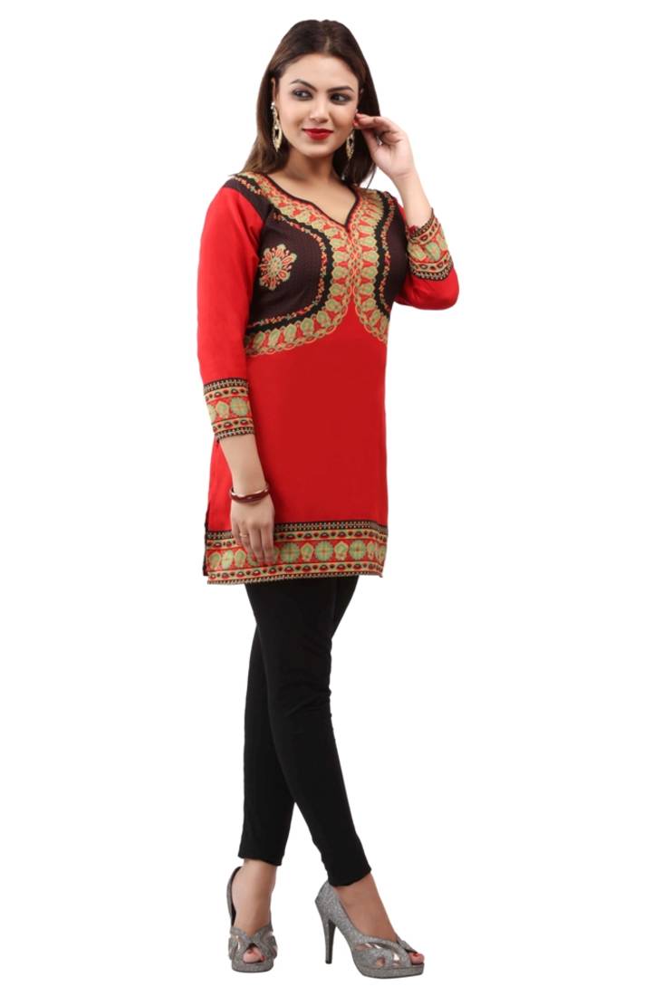 Red  printed american crepe short kurtis with full sleeves