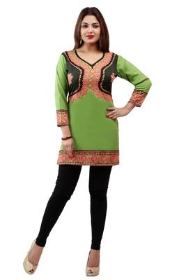 Light green  printed american crepe short kurtis with full sleeves 1