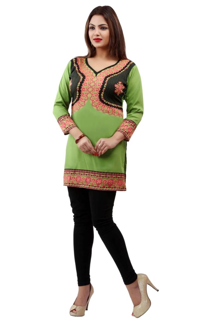 Light green  printed american crepe short kurtis with full sleeves