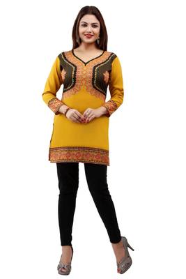 Mustard  printed american crepe short kurtis with full sleeves 1