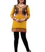 Mustard  printed american crepe short kurtis with full sleeves