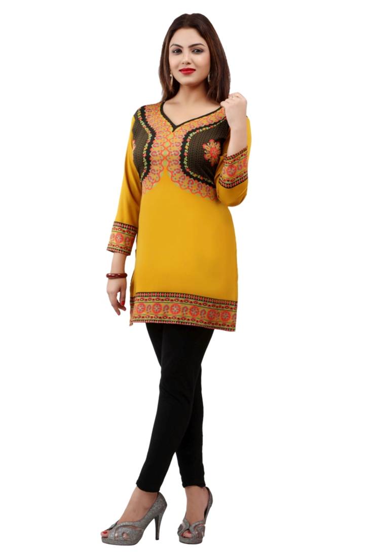 Mustard  printed american crepe short kurtis with full sleeves