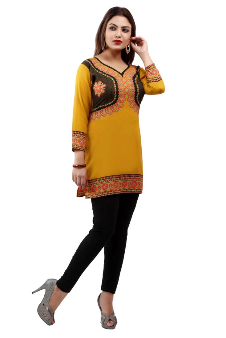 Mustard  printed american crepe short kurtis with full sleeves