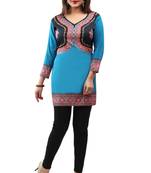 Dark aqua blue  printed american crepe short kurtis with full sleeves