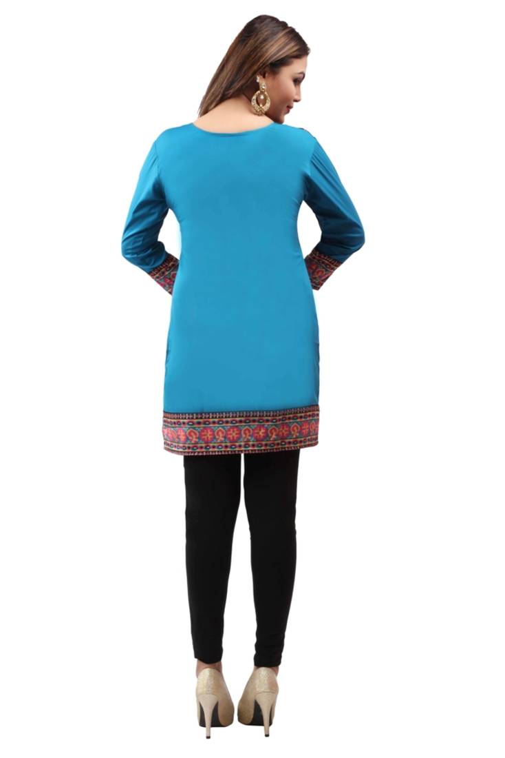 Dark aqua blue  printed american crepe short kurtis with full sleeves