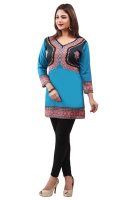 Dark aqua blue  printed american crepe short kurtis with full sleeves 3