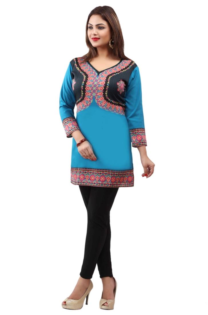 Dark aqua blue  printed american crepe short kurtis with full sleeves