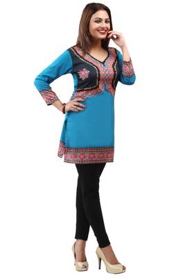 Dark aqua blue  printed american crepe short kurtis with full sleeves 4