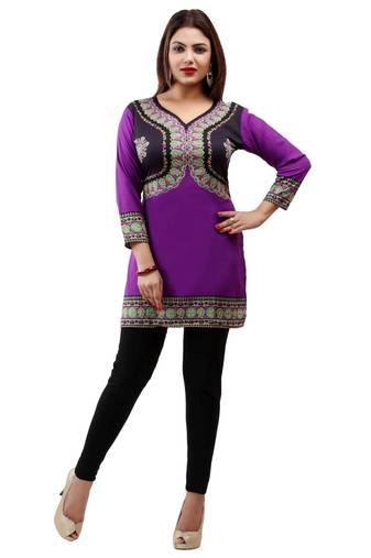 Dark purple  printed american crepe short kurtis with full sleeves
