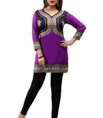 Dark purple  printed american crepe short kurtis with full sleeves