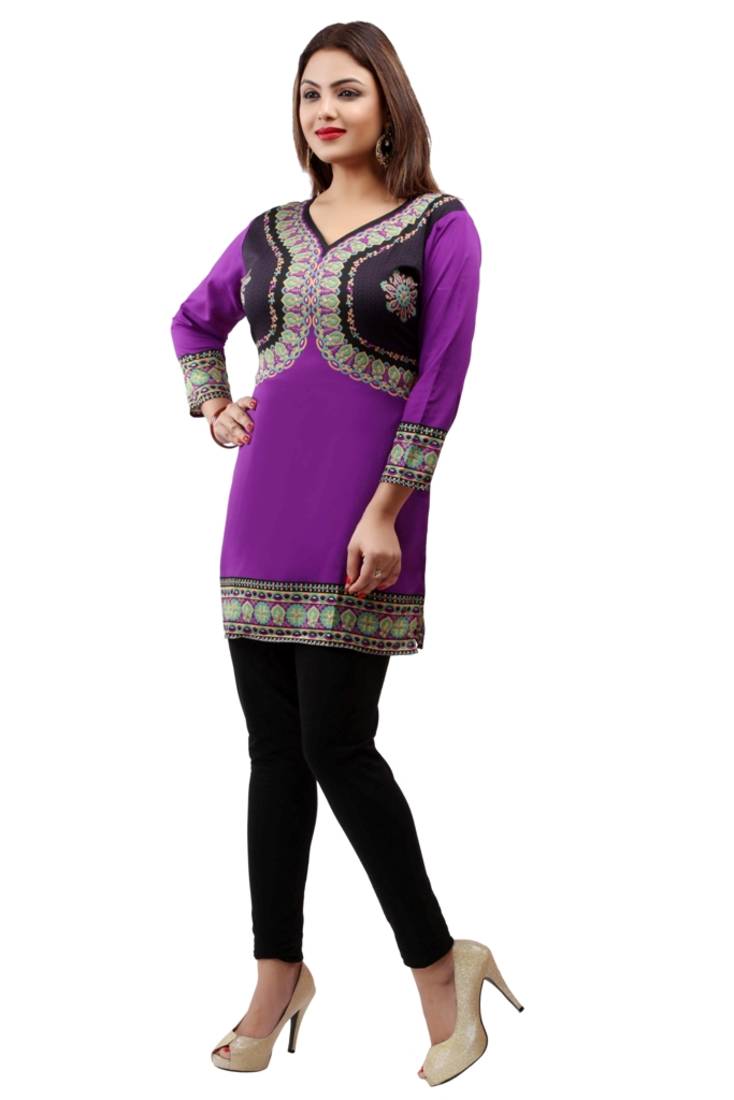 Dark purple  printed american crepe short kurtis with full sleeves