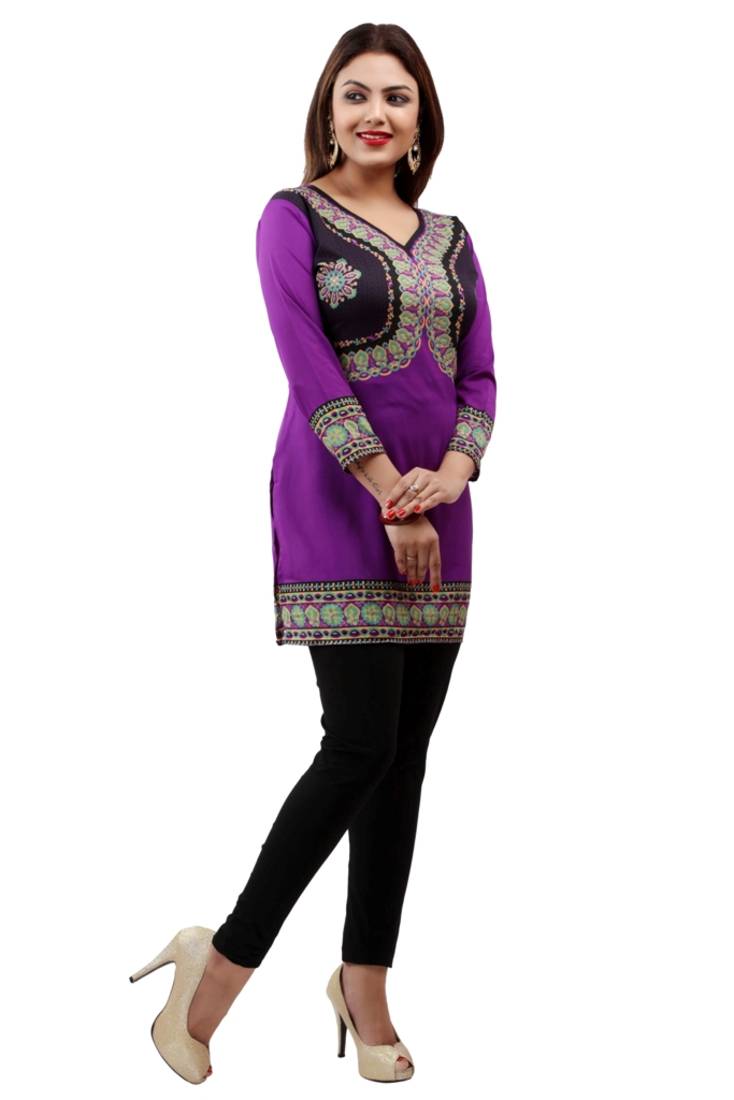 Dark purple  printed american crepe short kurtis with full sleeves