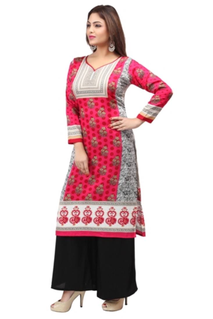Dark pink cotton printed long kurtis with long sleeve