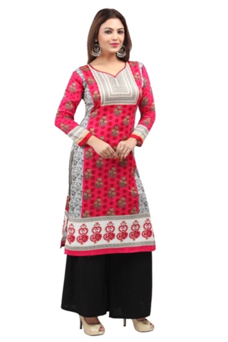 Dark pink cotton printed long kurtis with long sleeve