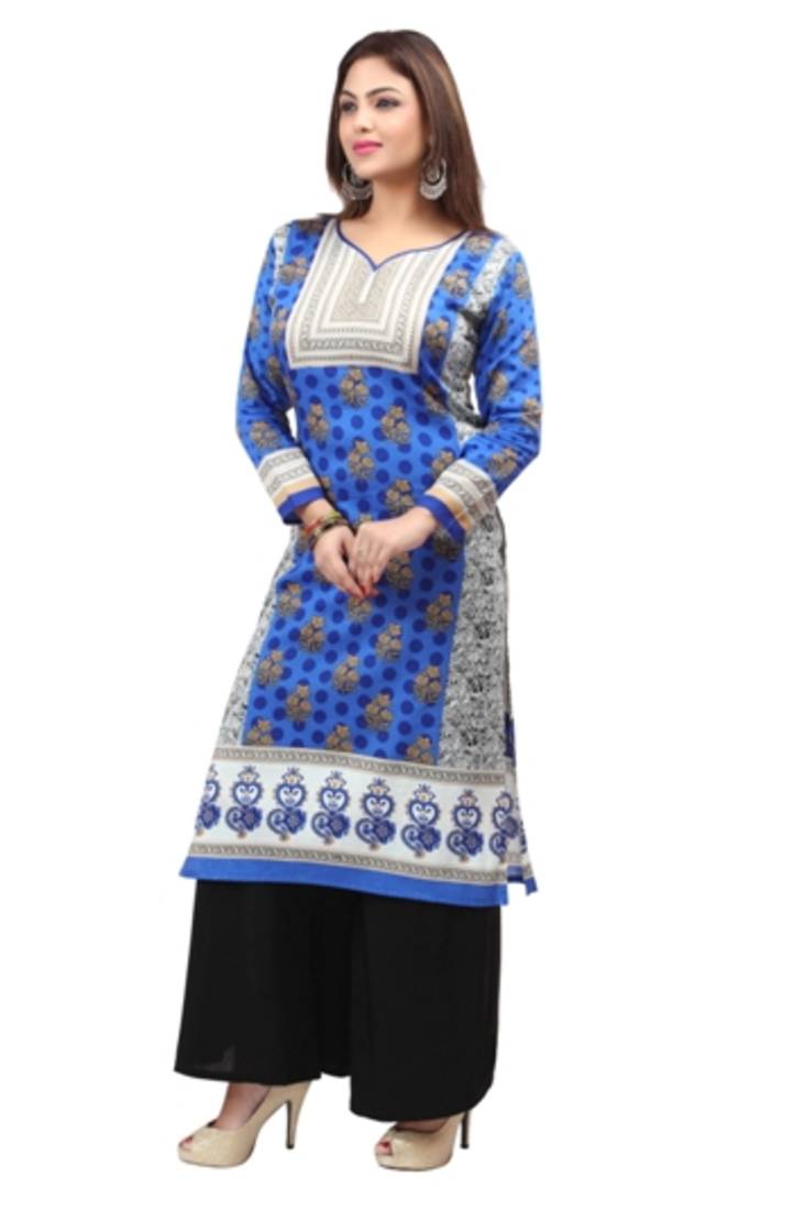 Dark green cotton printed long kurtis with long sleeve