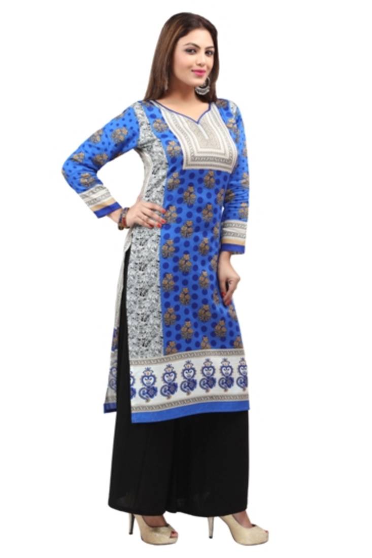 Dark green cotton printed long kurtis with long sleeve
