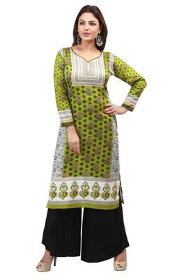 Dark cyan green  cotton printed long kurtis with long sleeve 1