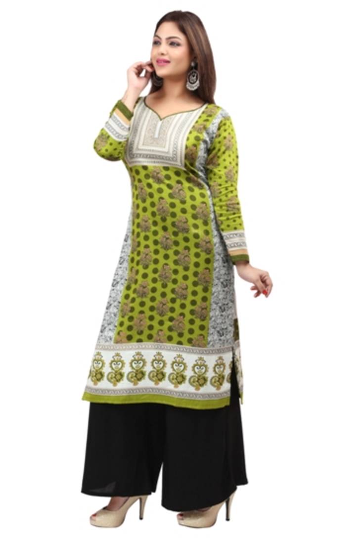 Dark cyan green  cotton printed long kurtis with long sleeve