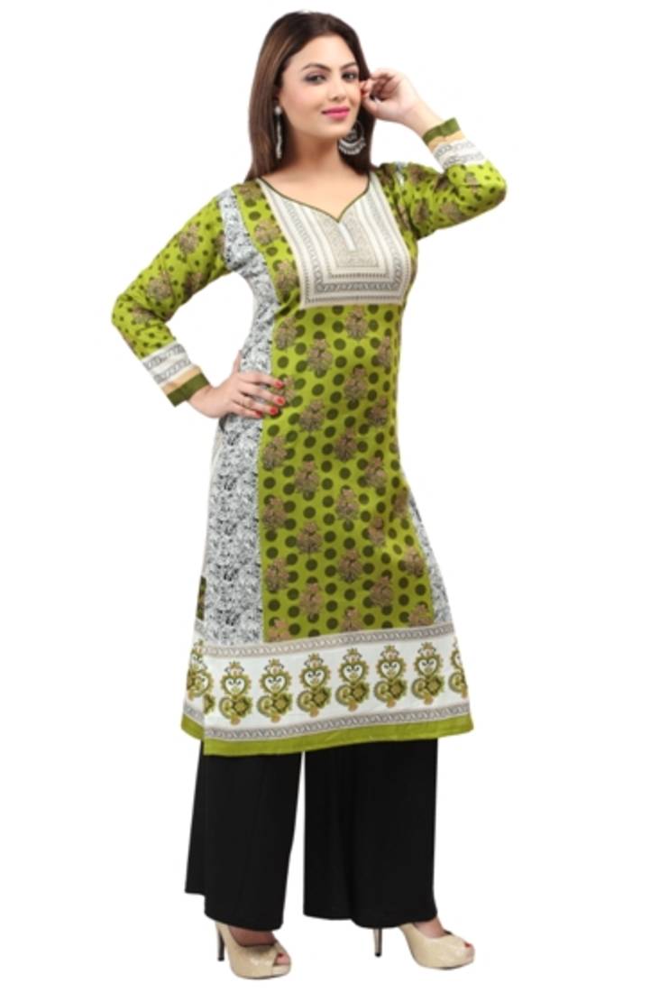 Dark cyan green  cotton printed long kurtis with long sleeve