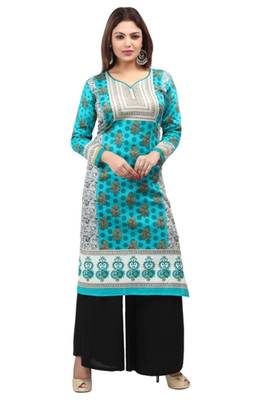 Dark blue cotton printed long kurtis with long sleeve 1