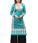 Dark blue cotton printed long kurtis with long sleeve