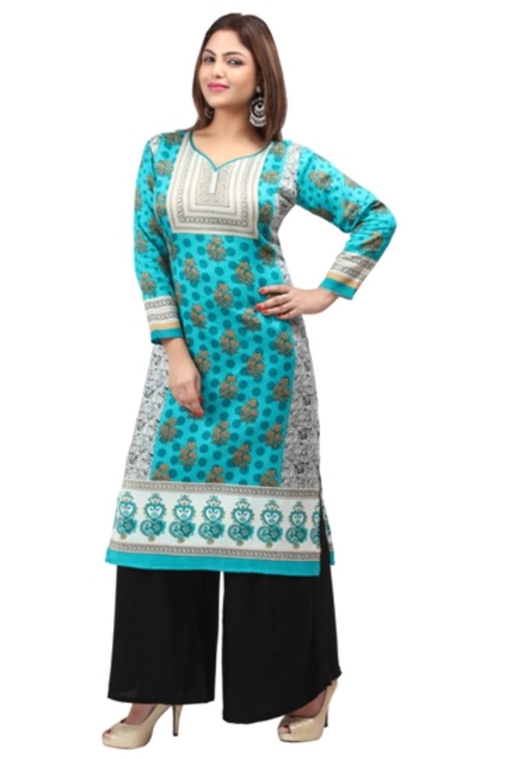 Dark blue cotton printed long kurtis with long sleeve